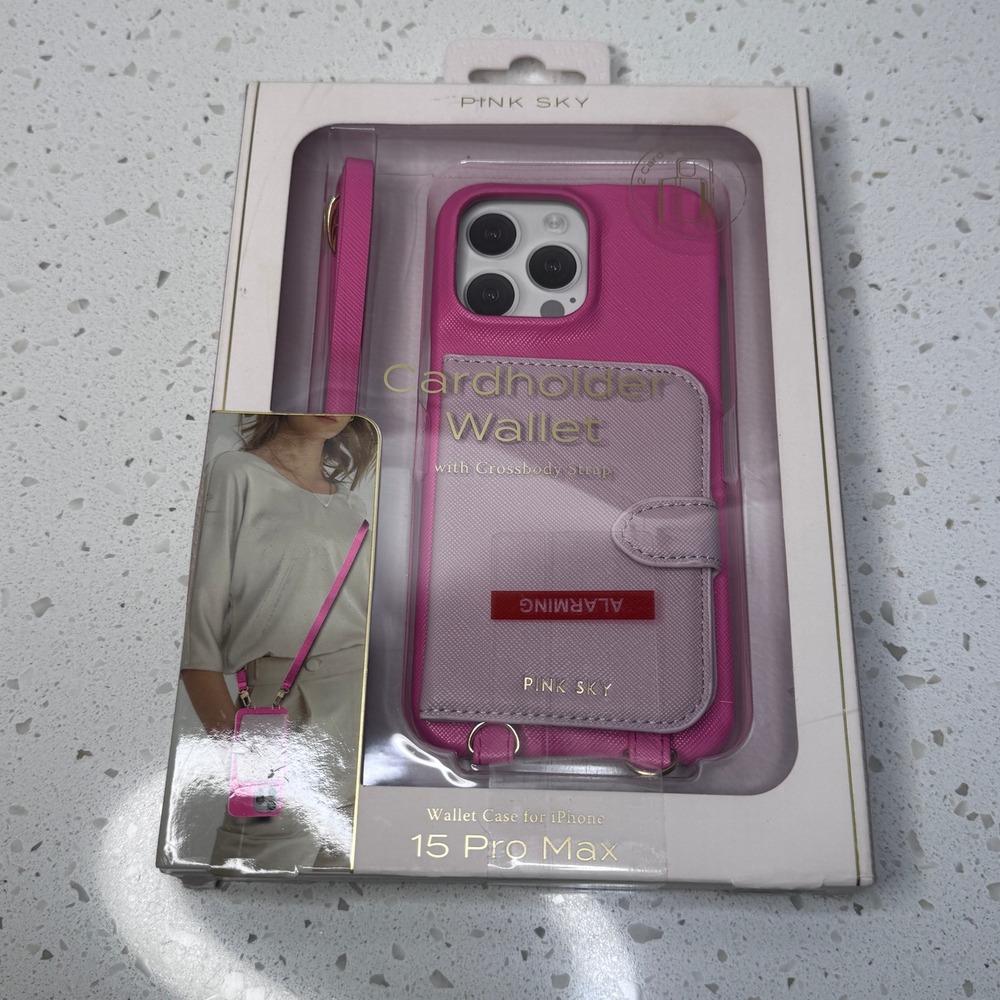 Pink Sky for iPhone 15 Pro Max Cardholder Wallet Case Crossbody Strap‎ Pink NIB